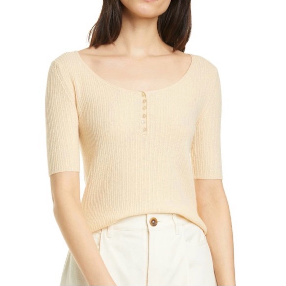 Vince Cream Ribbed Short Sleeve Knit Top – Size M